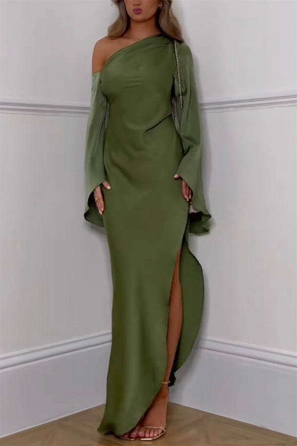One Shoulder Bell Sleeve Asymmetric Slit Satin Maxi Gown