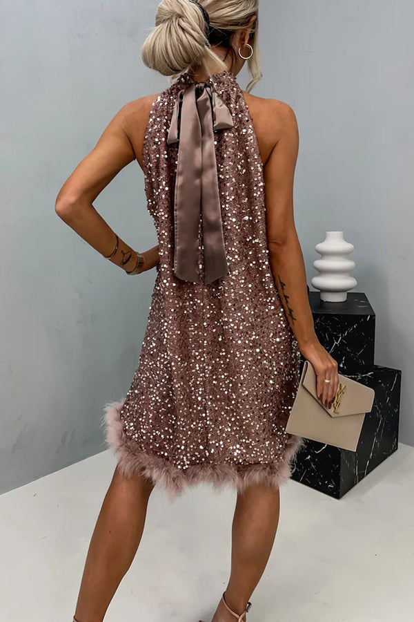 Sequin Halter Mock Neck Feather Trim Babydoll Mini Dress