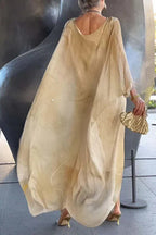 Marbled Print Crew Neck Batwing Sleeve Oversized Kaftan Maxi Dress