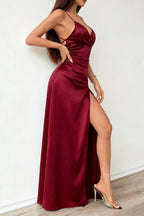Satin Wrap V-Neck Spaghetti Strap High Split Maxi Dress