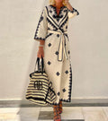 Geometric Embroidered V Neck Tie Waist Kaftan Maxi Dress
