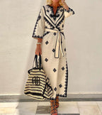 Geometric Embroidered V Neck Tie Waist Kaftan Maxi Dress