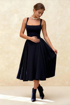 Square Neck Sleeveless Fit and Flare Midi Dress