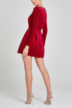 Velvet Square Neck Rhinestone Trim Long Sleeve Pocket A-Line Mini Dress