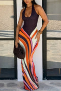 Summer Newness Colorblock Swirl Print Halter Neck Stretch Maxi Dress