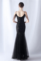 Beaded Mesh Cocktail Maxi Dress