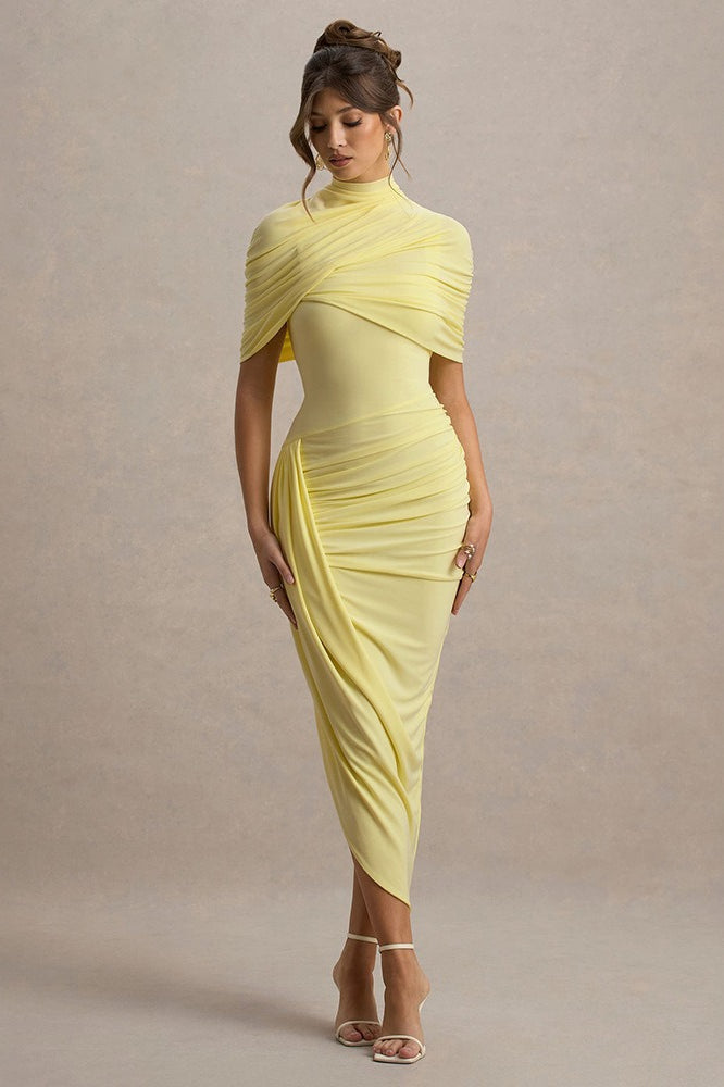 Mock Neck Ruched Crossover Shoulder Wrap Bodycon Midi Dress