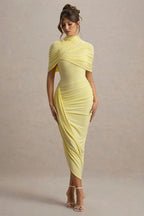 Mock Neck Ruched Crossover Shoulder Wrap Bodycon Midi Dress