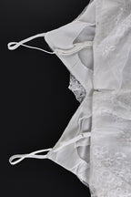 White Spaghetti Strap V Neck Ruffle Trim Lace Patchwork Slit Maxi Dress