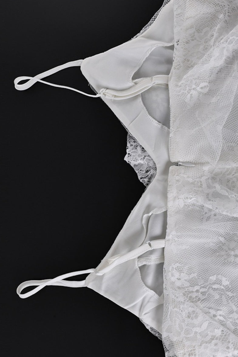 White Spaghetti Strap V Neck Ruffle Trim Lace Patchwork Slit Maxi Dress