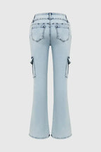 Multi Pocket Double Button Mid Rise Flare Cargo Jeans