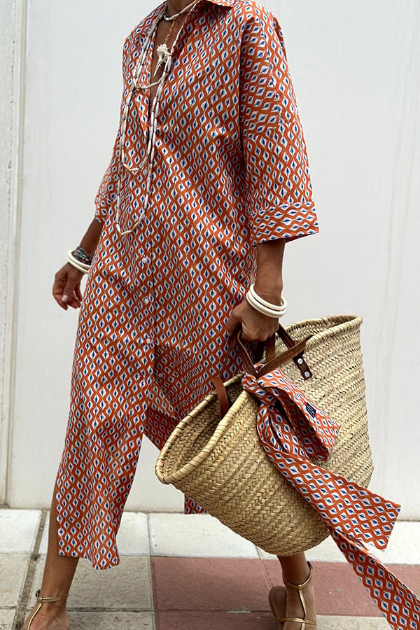 Vertical Stripe Long Sleeve Button Down Side Slit Midi Shirt Dress
