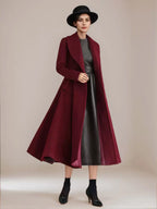 Burgundy Woolen Flared Coat Vintage Shawl Collar Double-breasted Winter A-line Outerwear For Women 2026