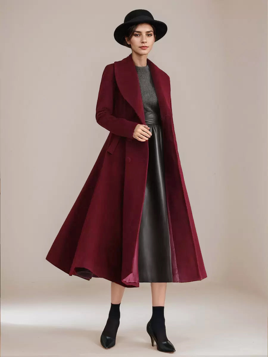 Burgundy Woolen Flared Coat Vintage Shawl Collar Double-breasted Winter A-line Outerwear For Women 2026
