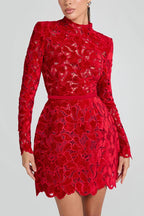 Burnout Velvet Floral Lace Mock Neck Long Sleeve Bodycon Mini Dress