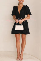 Deep V-Neck Puff Sleeve Smocked Waist Fit and Flare Mini Dress