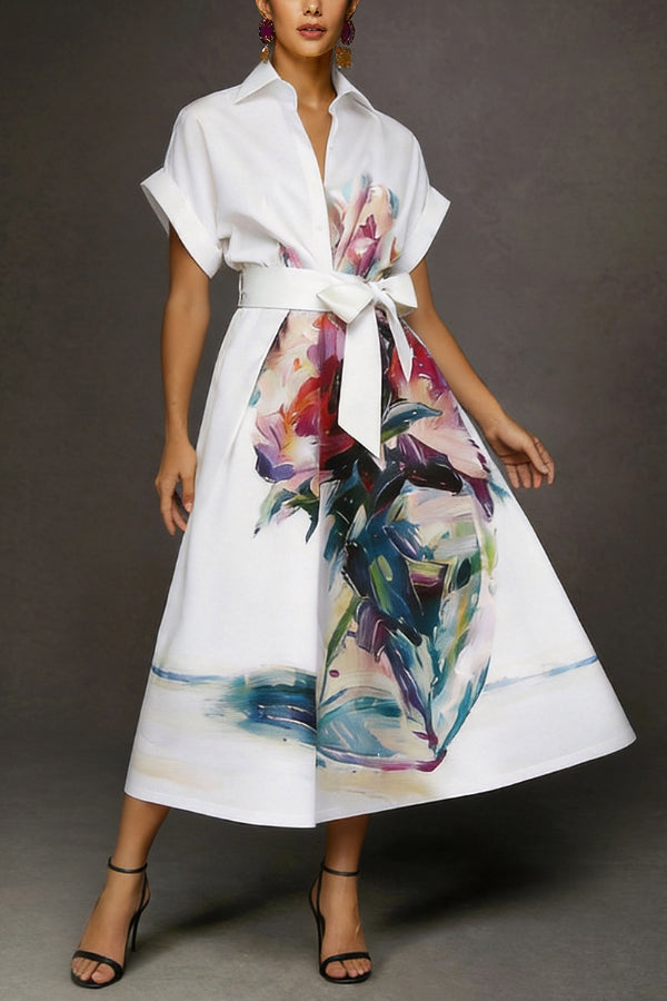 Fashionable Art Print Collared Short Sleeve Casual Pocket Midi Dress