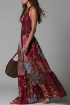 Unique Printed V-neck Sleeveless Fitted Waist Casual Maxi Dress