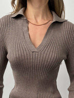 Solid Color Ribbed Polo Neck Sweater