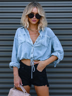 Denim Blouse Drop Shoulder Long Sleeves Buttons Lace Up Tops