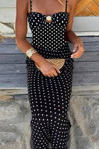 Polka Dot Spaghetti Strap Sweetheart Neck Ring Detail Bodycon Maxi Dress