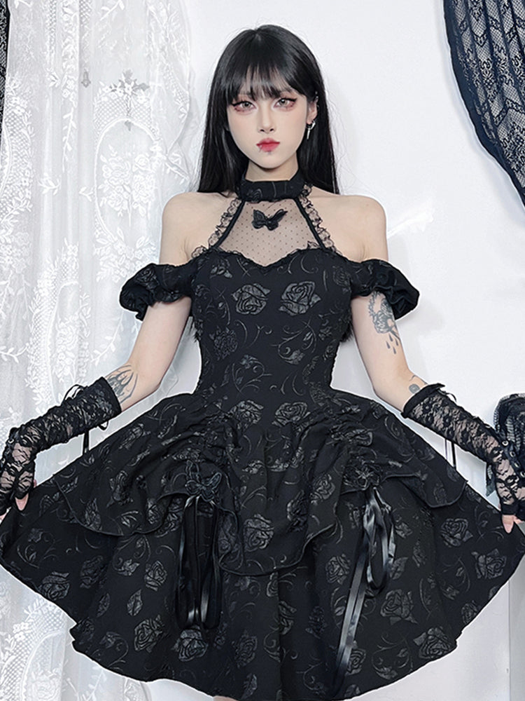 Halter Neck Mesh Butterfly Applique Off Shoulder Puff Sleeve Lolita Mini Dress