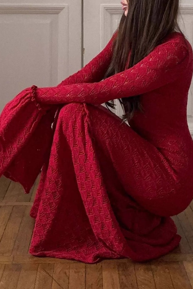 Pointelle Knit Long Sleeve Bell Cuff Mermaid Flounce Hem Maxi Sweater Dress