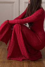 Pointelle Knit Long Sleeve Bell Cuff Mermaid Flounce Hem Maxi Sweater Dress