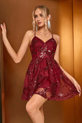 Burgundy Cocktail Mini Dress Open Back Sequins Mesh