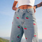 Cute Sweet Vintage Cherry Embroidery Light Washed Blue Denim Jeans High Waisted Cargo Slim Bottom E-Girl Kawaii Korean Japanese Harajuku Streetwear