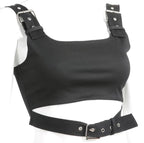Cute Black Buckle Belt Tank Crop Top Sleeveless Shirt Camisole Bustier Corset Punk Goth Summer Aesthetic E-Girl Kawaii Korean Japanese Harajuku
