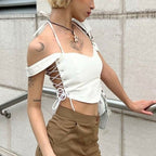 White V Neck Side Tie Up Crop Top