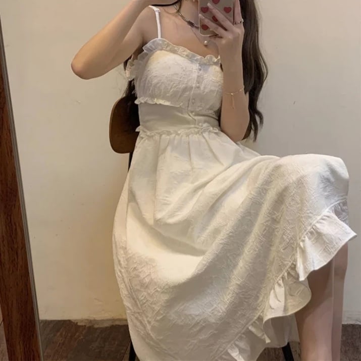 Cute White Ruffle Maxi Dress Fairy Strap Tank Lace Sundress Party Cottage Aesthetic Casual Summer E-Girl Kawaii Korean Japanese Harajuku