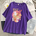 Cute Cat Noodle Ramen Graphic Cartoon Print Loose Short Sleeve T-shirt Aesthetic Casual Summer E-Girl Kawaii Korean Japanese Harajuku