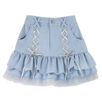 Cute Sexy Blue Lace Ribbon Bow High Waisted Mini Skirt Aesthetic Summer E-Girl Kawaii Korean Japanese Harajuku