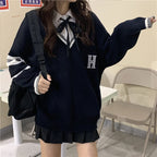Cute Vintage Preppy V Neck Oversized Sweater Long Sleeve Shirt Pullover Hoodie Sweatshirt E-Girl Kawaii Korean Japanese Harajuku Retro Streetwear