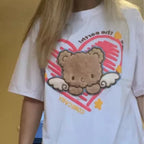 Cute Plush Bear Angel Love Heart Print Sleeveless Short Sleeve Shirt Top Aesthetic Casual E-Girl Kawaii Korean Japanese Harajuku