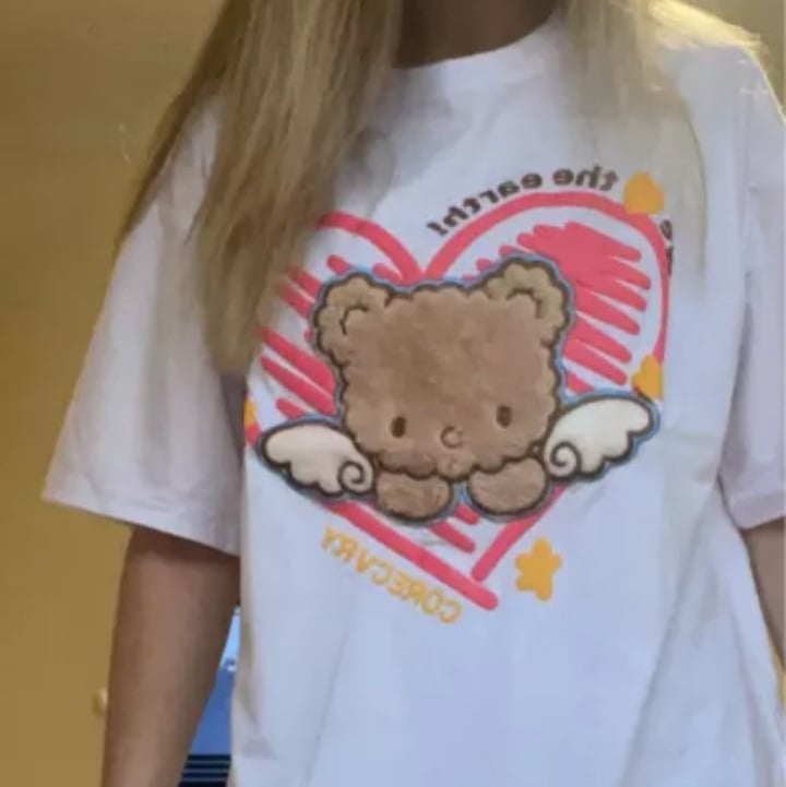 Cute Plush Bear Angel Love Heart Print Sleeveless Short Sleeve Shirt Top Aesthetic Casual E-Girl Kawaii Korean Japanese Harajuku