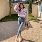 Fluffy Purple & White Plaid Cardigan