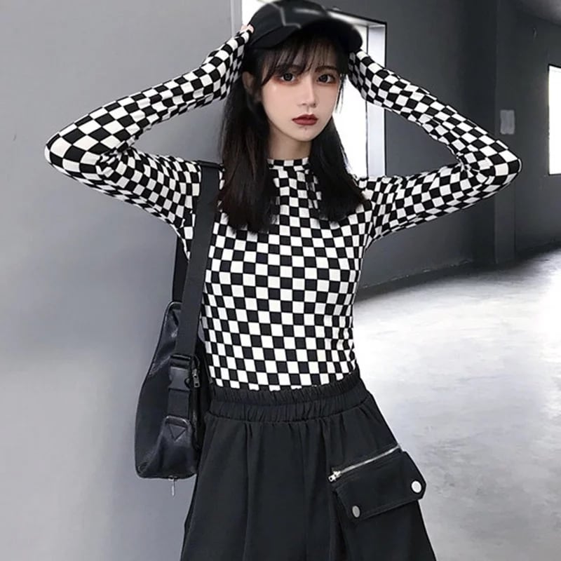 Cute Black White Checkerboard Plaid Long Sleeve Shirt Top Punk Goth Aesthetic Casual E-Girl Kawaii Korean Japanese Harajuku