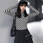 Cute Black White Checkerboard Plaid Long Sleeve Shirt Top Punk Goth Aesthetic Casual E-Girl Kawaii Korean Japanese Harajuku