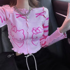 Cute Pink Kitty Cat Knit Loose Frill Long Sleeve Shirt Sweater Pullover Cardigan Aesthetic Casual Summer E-Girl Kawaii Korean Japanese Harajuku