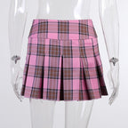 Cute Pink Plaid Checkered Pleated High Waisted Mini Skirt A-line Chic Goth Punk Club E-Girl Kawaii Korean Japanese Harajuku Streetwear