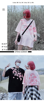 Cute Cherry Blossom Sakura Flower Graphic Print Oversized Short Sleeve Tee Shirt T-shirt Unisex Top E-Girl Kawaii Korean Japanese Harajuku Streetwear