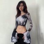 Y2K Punk Print Flare Long Sleeve Top