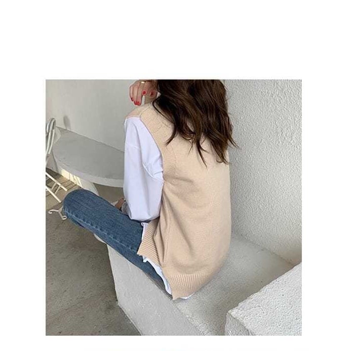 Cute Solid Simple V Neck Knit Vest Sleeveless Oversized Loose Sweater Sweatshirt Pullover Jumper E-Girl Kawaii Korean Japanese Harajuku Streetwear