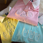 Cute Pastel Bunny Rabbit Embroidery Polo Short Sleeve T- Shirt Top Aesthetic Casual Summer E-Girl Kawaii Korean Japanese Harajuku