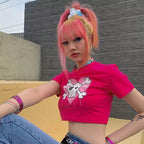 Cute Pink Love Heart Skull Print Short Sleeve T-shirt Crop Top Summer Casual Goth Punk E-Girl Kawaii Korean Japanese Harajuku Streetwear
