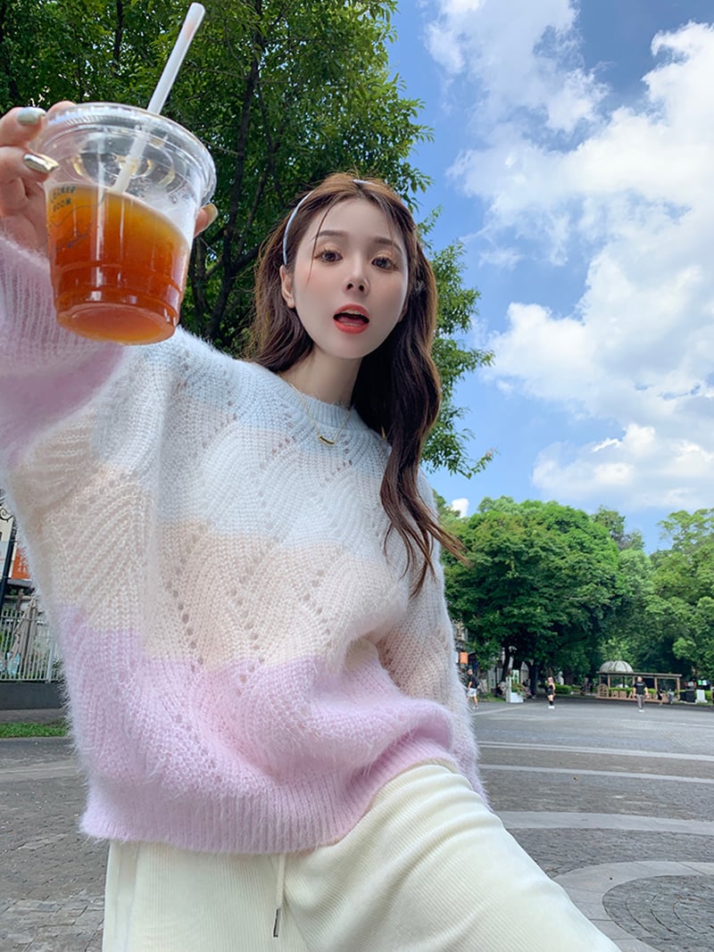 Pink Ombre Hollow Out Sweater