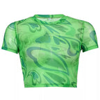 Green Heart Print Transparent Mesh Sheer Crop Top Short Sleeve Shirt Summer Aesthetic Casual E-Girl Kawaii Korean Japanese Harajuku